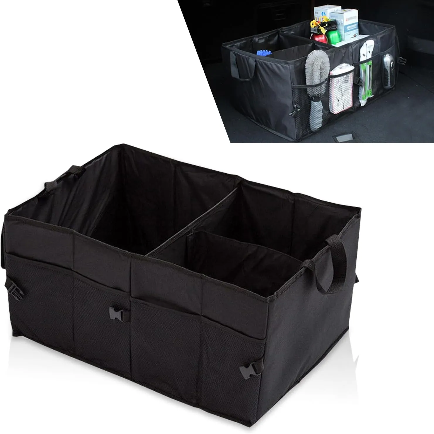 1 PC Car Trunk Storage Bag, Large Capacity Waterproof Foldable Storage Box, Multi-Compartment Fixed Luggage Storage Bag, Car Storage Accessories, Universal for Most Cars (Black)