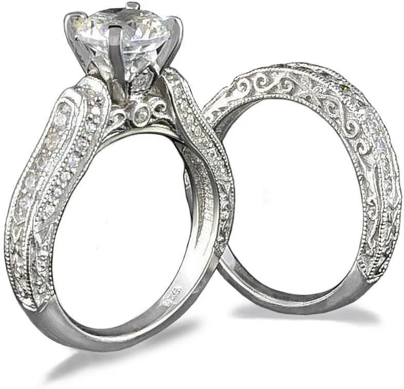10 Hearts & Arrows 81 Facets 2 Carat Victorian Simulated Diamond Ring Band Set Pave Art Deco 925 Silver