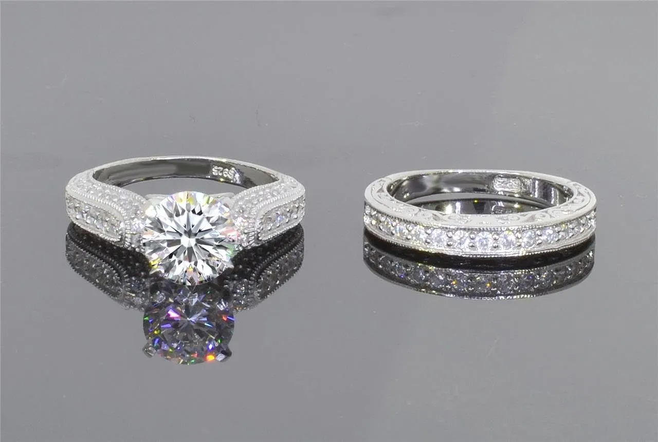 10 Hearts & Arrows 81 Facets 2 Carat Victorian Simulated Diamond Ring Band Set Pave Art Deco 925 Silver