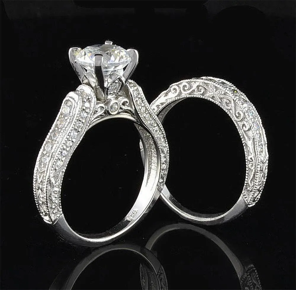 10 Hearts & Arrows 81 Facets 2 Carat Victorian Simulated Diamond Ring Band Set Pave Art Deco 925 Silver