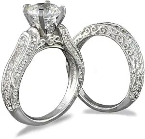 10 Hearts & Arrows 81 Facets 2 Carat Victorian Simulated Diamond Ring Band Set Pave Art Deco 925 Silver