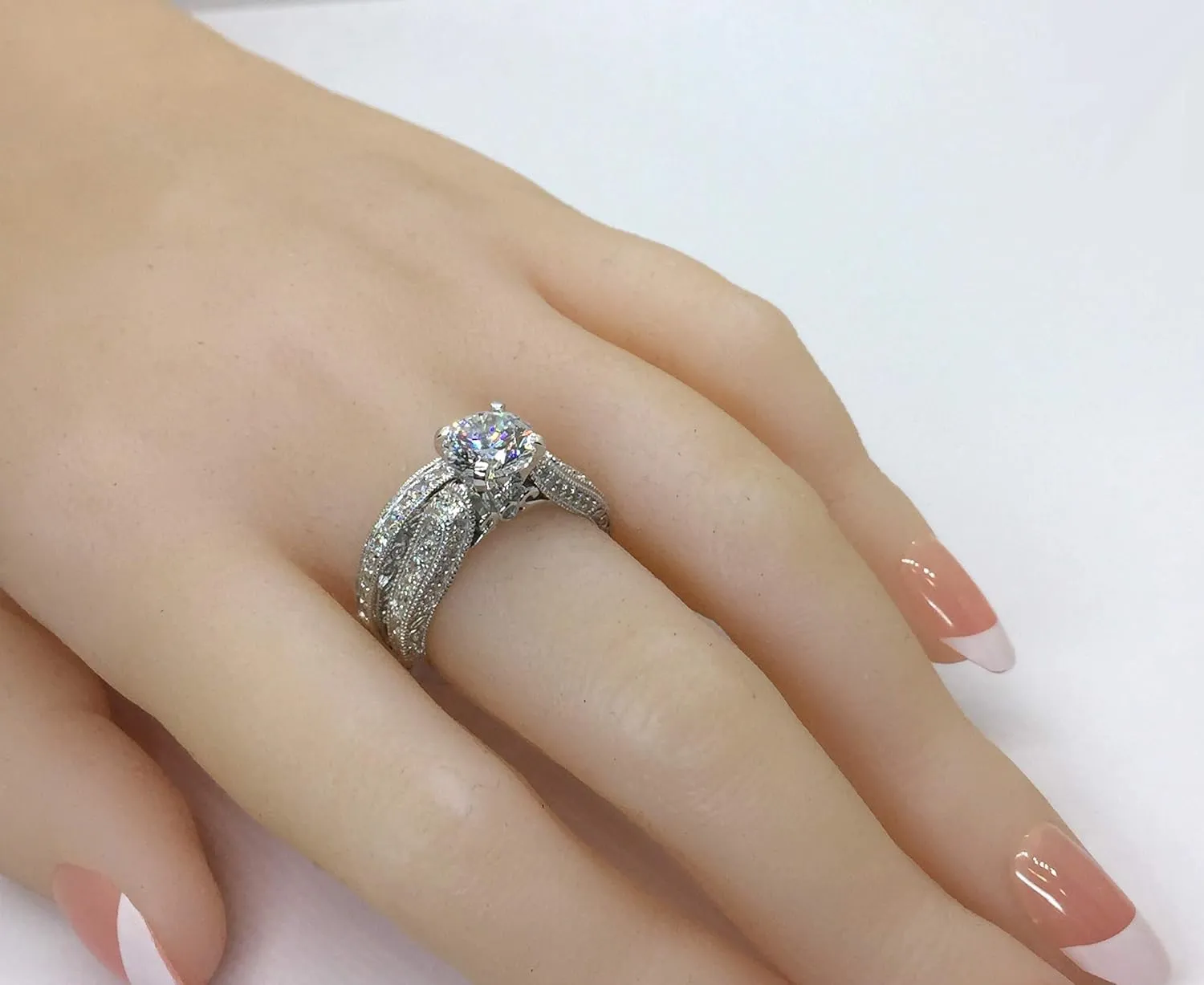 10 Hearts & Arrows 81 Facets 2 Carat Victorian Simulated Diamond Ring Band Set Pave Art Deco 925 Silver