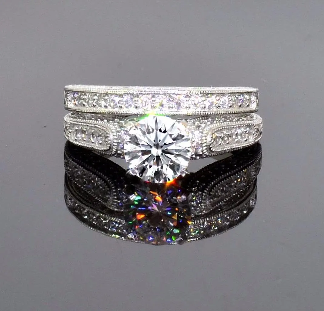 10 Hearts & Arrows 81 Facets 2 Carat Victorian Simulated Diamond Ring Band Set Pave Art Deco 925 Silver