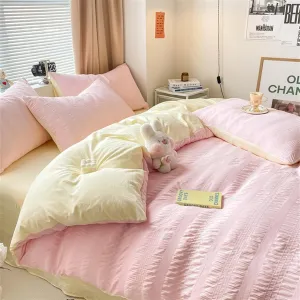100% Washed Cotton Duvet Cover Set Comfy Simple Style Soft Breathable Stylish Pleated Design, 8 Corner Ties & Zipper Closure,Bedding Sets (B Twin)