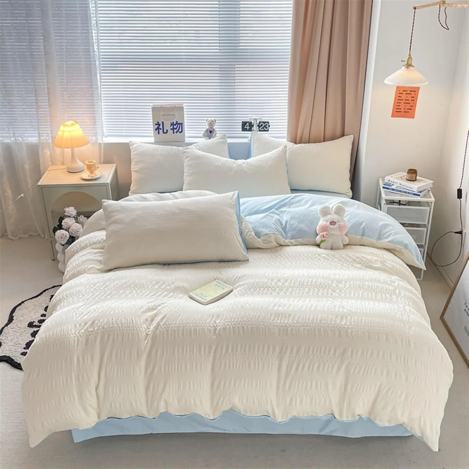 100% Washed Cotton Duvet Cover Set Comfy Simple Style Soft Breathable Stylish Pleated Design, 8 Corner Ties & Zipper Closure,Bedding Sets (B Twin)