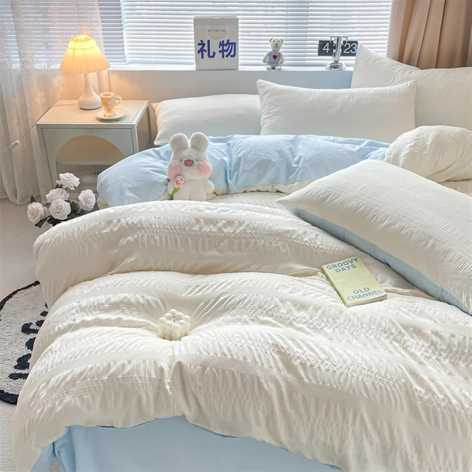100% Washed Cotton Duvet Cover Set Comfy Simple Style Soft Breathable Stylish Pleated Design, 8 Corner Ties & Zipper Closure,Bedding Sets (B Twin)