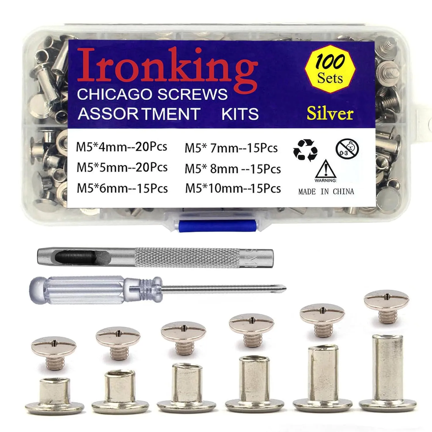 100Sets M5 Chicago Screws Leather Rivets Assorted Metal Fasteners Buttons Screw Rivets， for Leather Craft Decorate and Repair Belts Bags Shoes Purse (SilverM5*4,5,6,7,8,10)