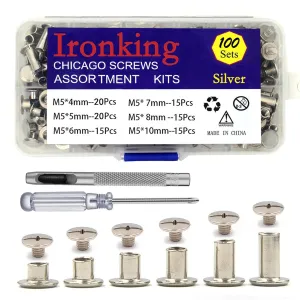100Sets M5 Chicago Screws Leather Rivets Assorted Metal Fasteners Buttons Screw Rivets， for Leather Craft Decorate and Repair Belts Bags Shoes Purse (SilverM5*4,5,6,7,8,10)
