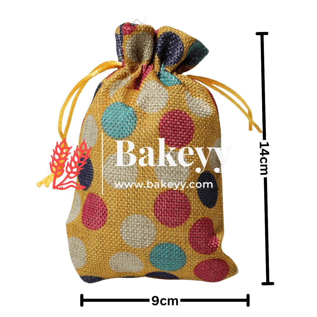 10x14 cm | Dot Print | Printed Potli Jute Bag | Gift Return Gifts Bags |  Drawstring Bags | Pack Of 10 |