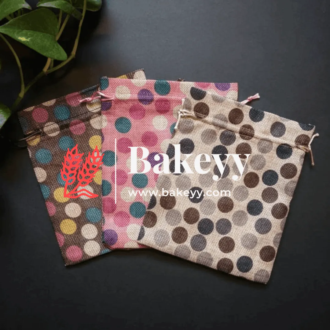 10x14 cm | Dot Print | Printed Potli Jute Bag | Gift Return Gifts Bags |  Drawstring Bags | Pack Of 10 |