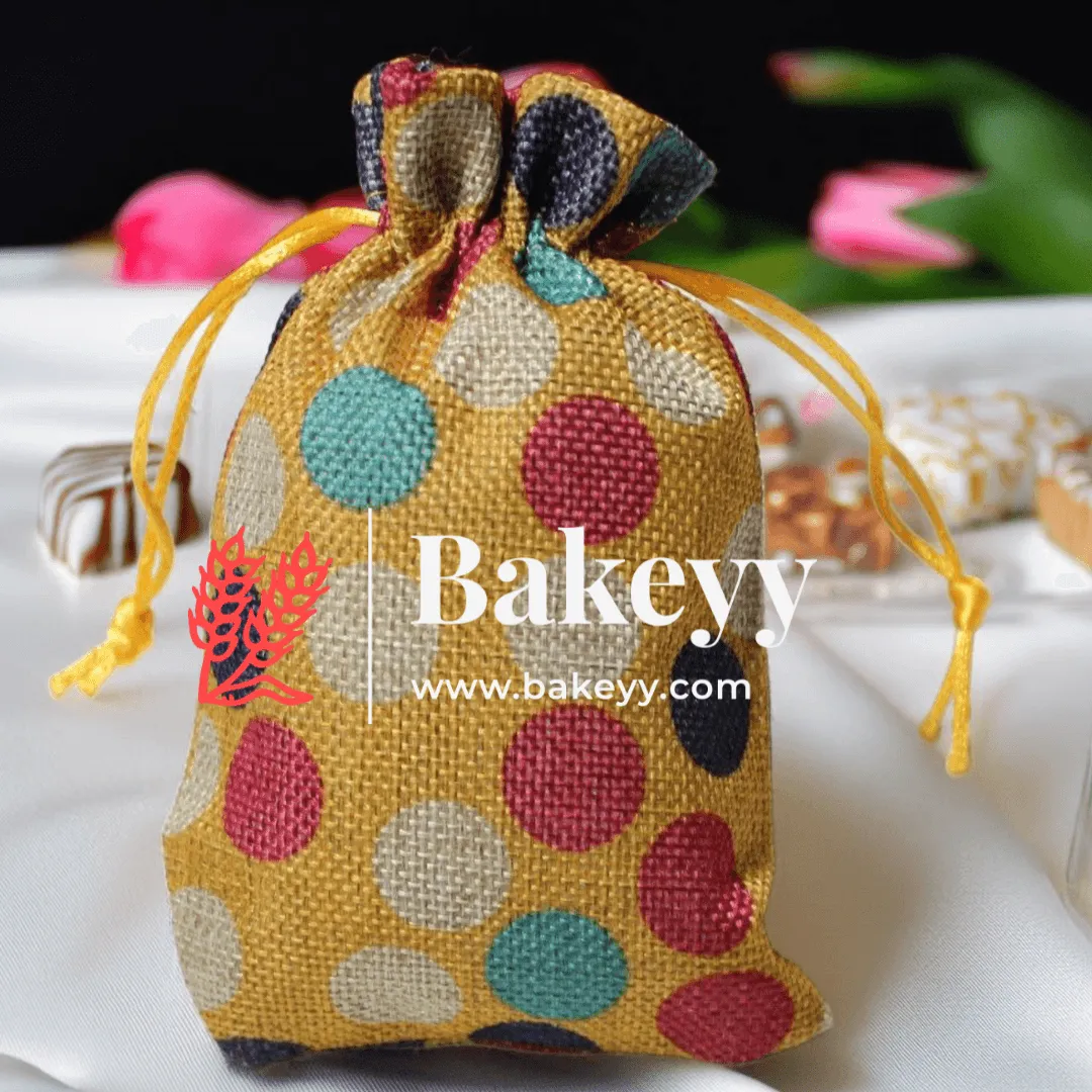 10x14 cm | Dot Print | Printed Potli Jute Bag | Gift Return Gifts Bags |  Drawstring Bags | Pack Of 10 |