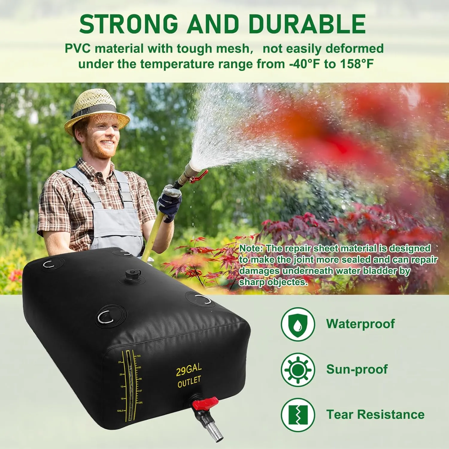 110L/29 Gal Water Bladder with Water Level Indicator, PVC Foldable and Portable Water Tank with 3 Connectors and Overflow Kit, Ideal for RV, Camping, Rainwater Collecting,Planting Watering