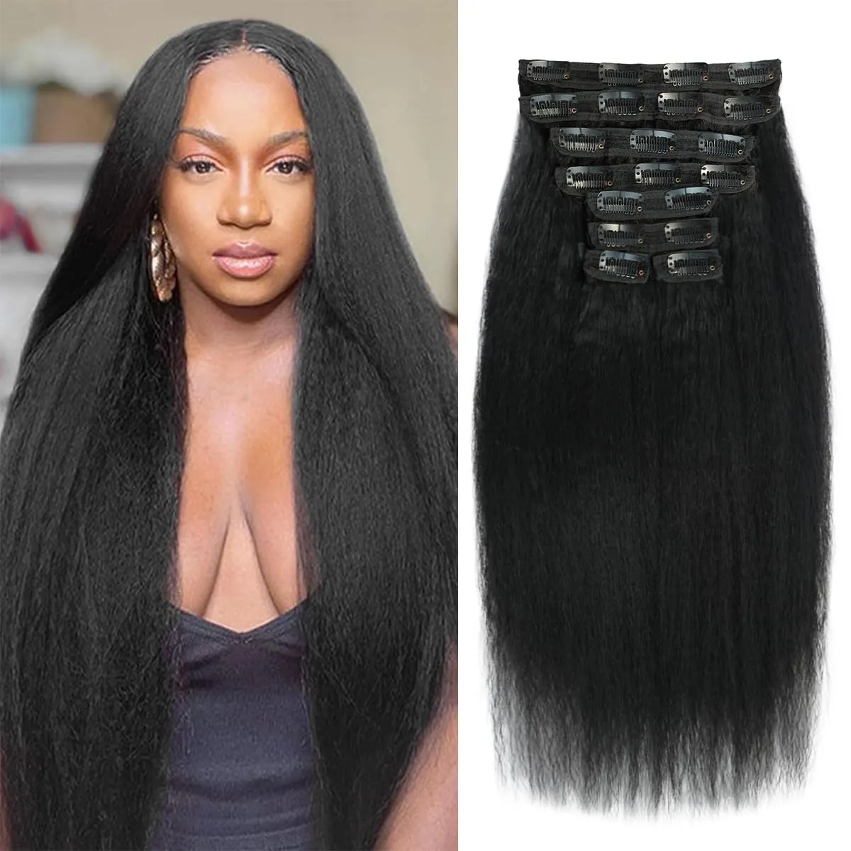 12 Inch Clip in Hair Extensions Real Human Hair Kinky Straight Clip ins For Black Women Remy Human Hair Extensions Natural Color 8pcs 20 Clips 110g/Set