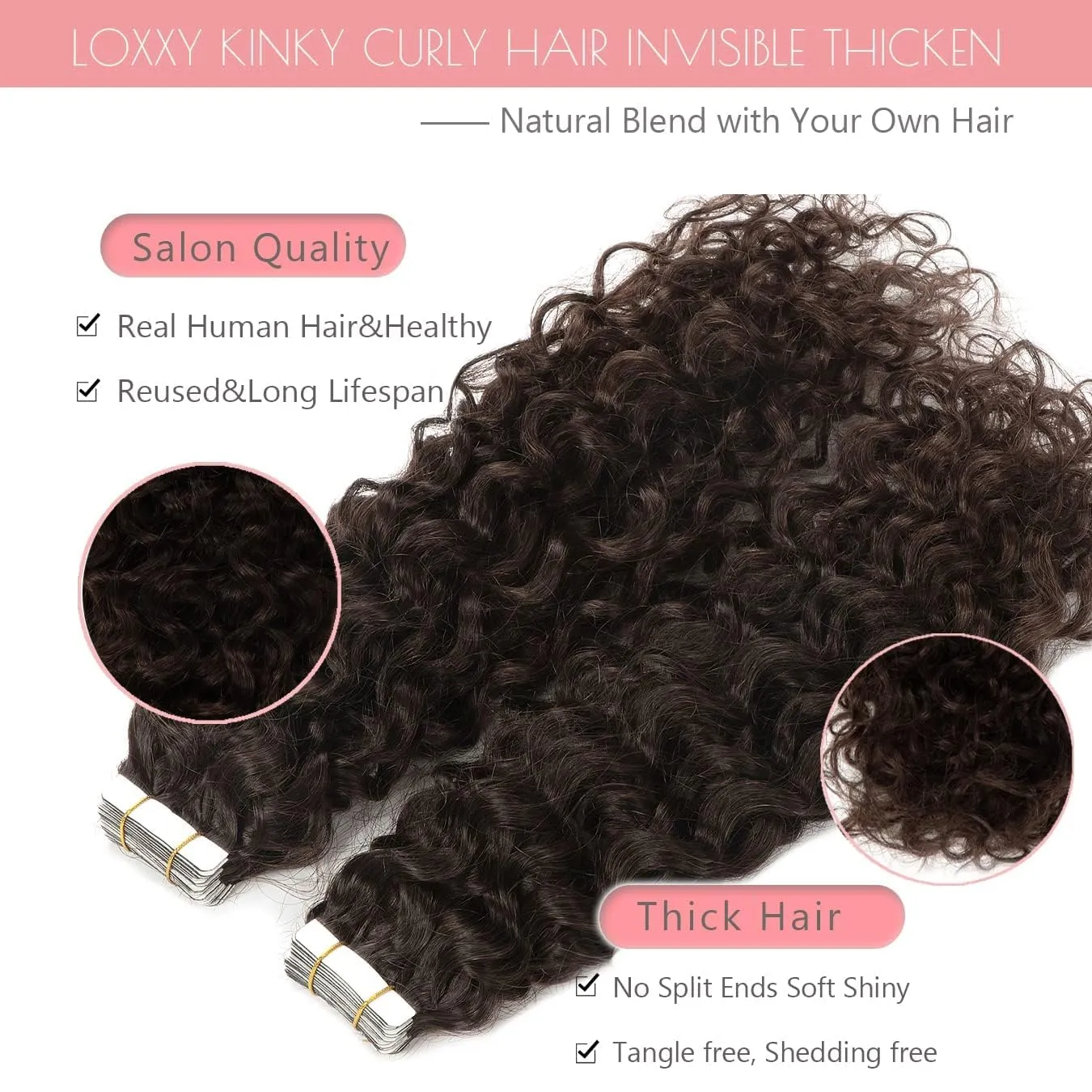 12inch Curly Hair Tape in Hair Extensions Dark Brown Natural Black Tape in Curly Human Hair Extensions for Women Double Sided Curly Tape Extensions #2 16pcs 40grams