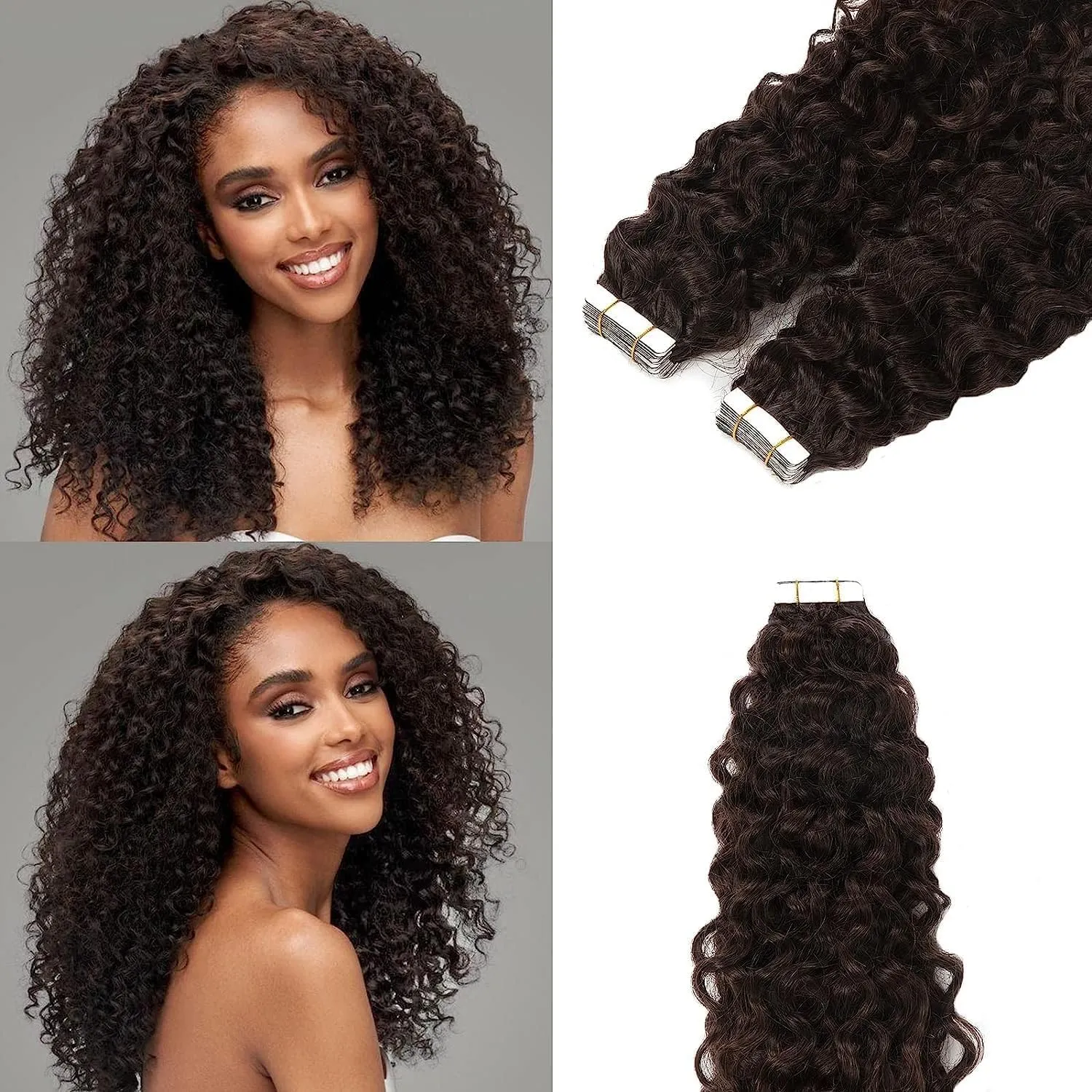 12inch Curly Hair Tape in Hair Extensions Dark Brown Natural Black Tape in Curly Human Hair Extensions for Women Double Sided Curly Tape Extensions #2 16pcs 40grams