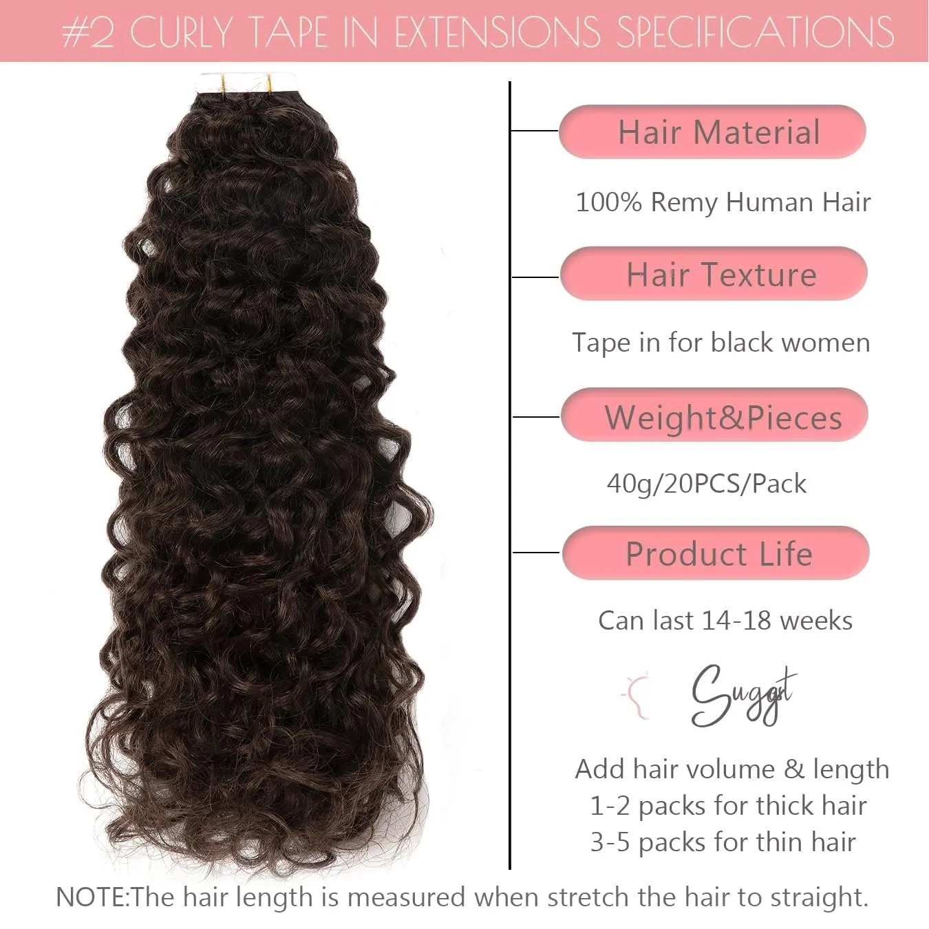 12inch Curly Hair Tape in Hair Extensions Dark Brown Natural Black Tape in Curly Human Hair Extensions for Women Double Sided Curly Tape Extensions #2 16pcs 40grams
