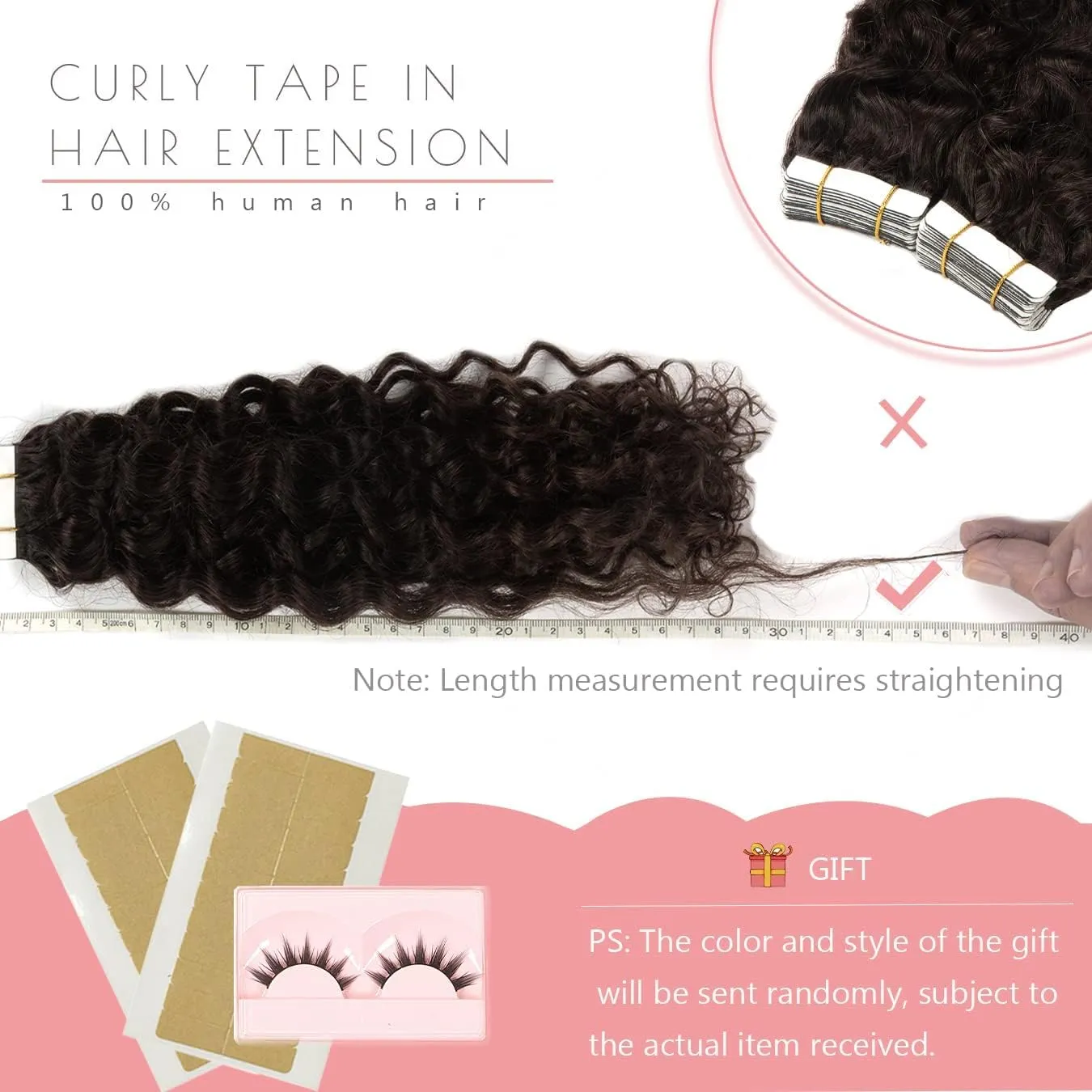 12inch Curly Hair Tape in Hair Extensions Dark Brown Natural Black Tape in Curly Human Hair Extensions for Women Double Sided Curly Tape Extensions #2 16pcs 40grams