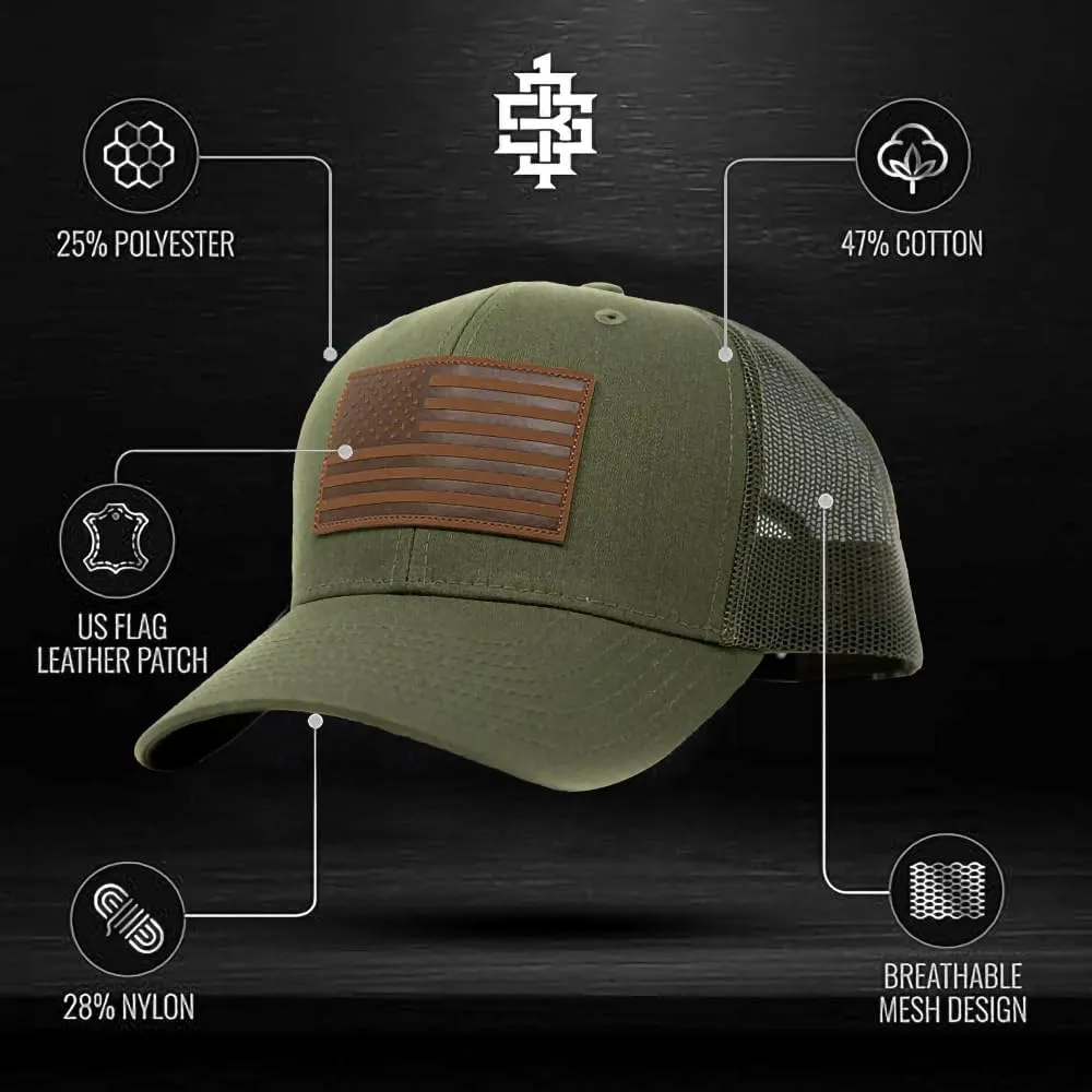 13 STRIPES American Flag Hat – Leather Patch Mesh Back Snapback Hat for Men & Women USA Flag Trucker Hat, Casual Unisex Hat