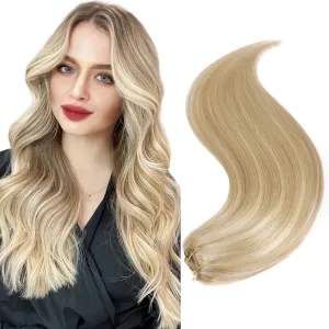 14" Clip in Remy Human Hair Extensions Light Color, Gold Highlights Blonde Human Hair Extensions, Double Weft Thickness to Ends, 100% Human Hair Extensions for Women, 6 Pieces 70g / 2.45oz.