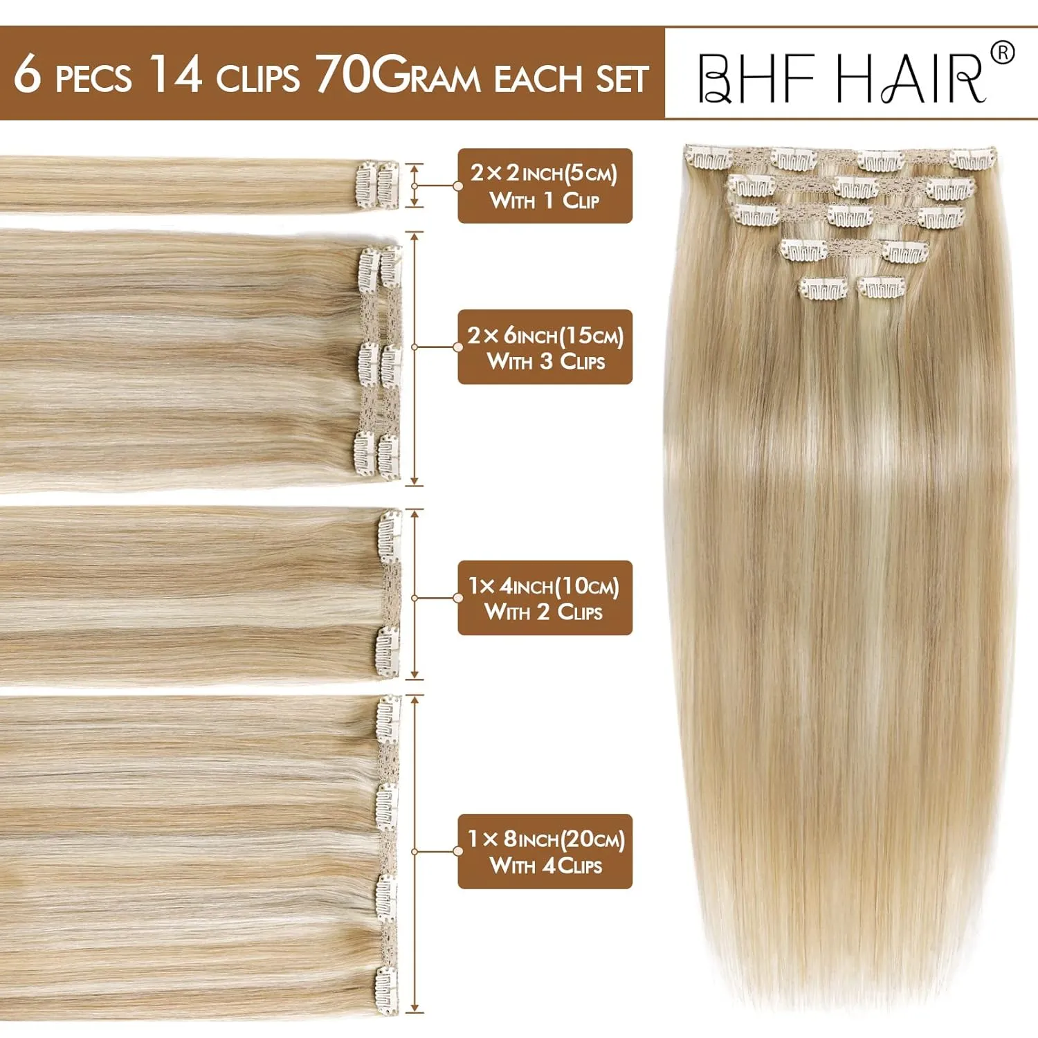 14" Clip in Remy Human Hair Extensions Light Color, Gold Highlights Blonde Human Hair Extensions, Double Weft Thickness to Ends, 100% Human Hair Extensions for Women, 6 Pieces 70g / 2.45oz.