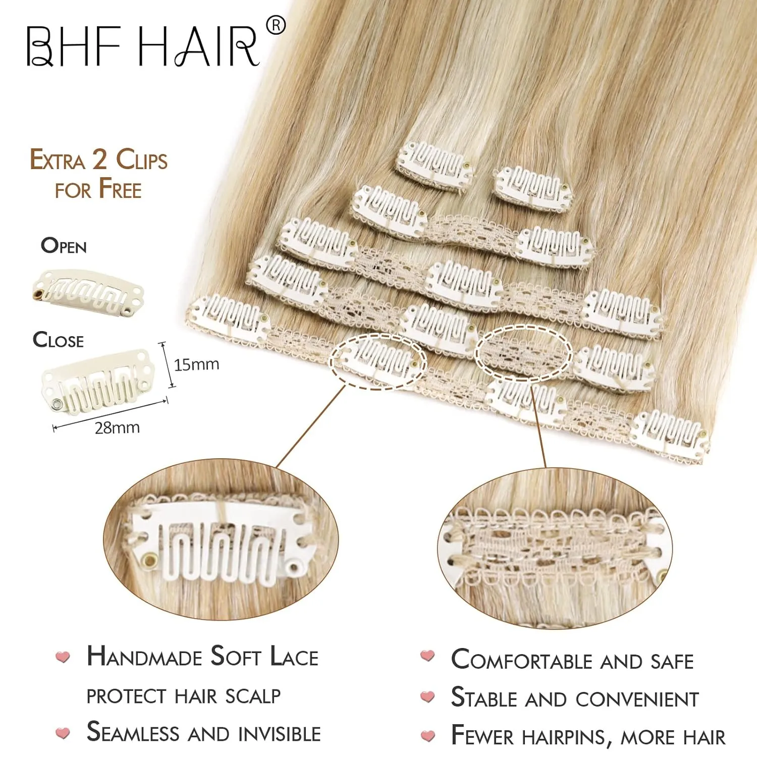 14" Clip in Remy Human Hair Extensions Light Color, Gold Highlights Blonde Human Hair Extensions, Double Weft Thickness to Ends, 100% Human Hair Extensions for Women, 6 Pieces 70g / 2.45oz.