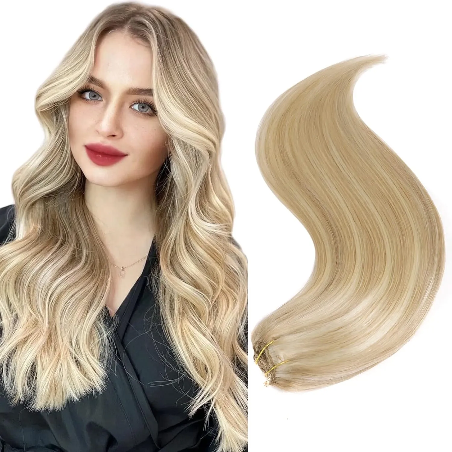 14" Clip in Remy Human Hair Extensions Light Color, Gold Highlights Blonde Human Hair Extensions, Double Weft Thickness to Ends, 100% Human Hair Extensions for Women, 6 Pieces 70g / 2.45oz.