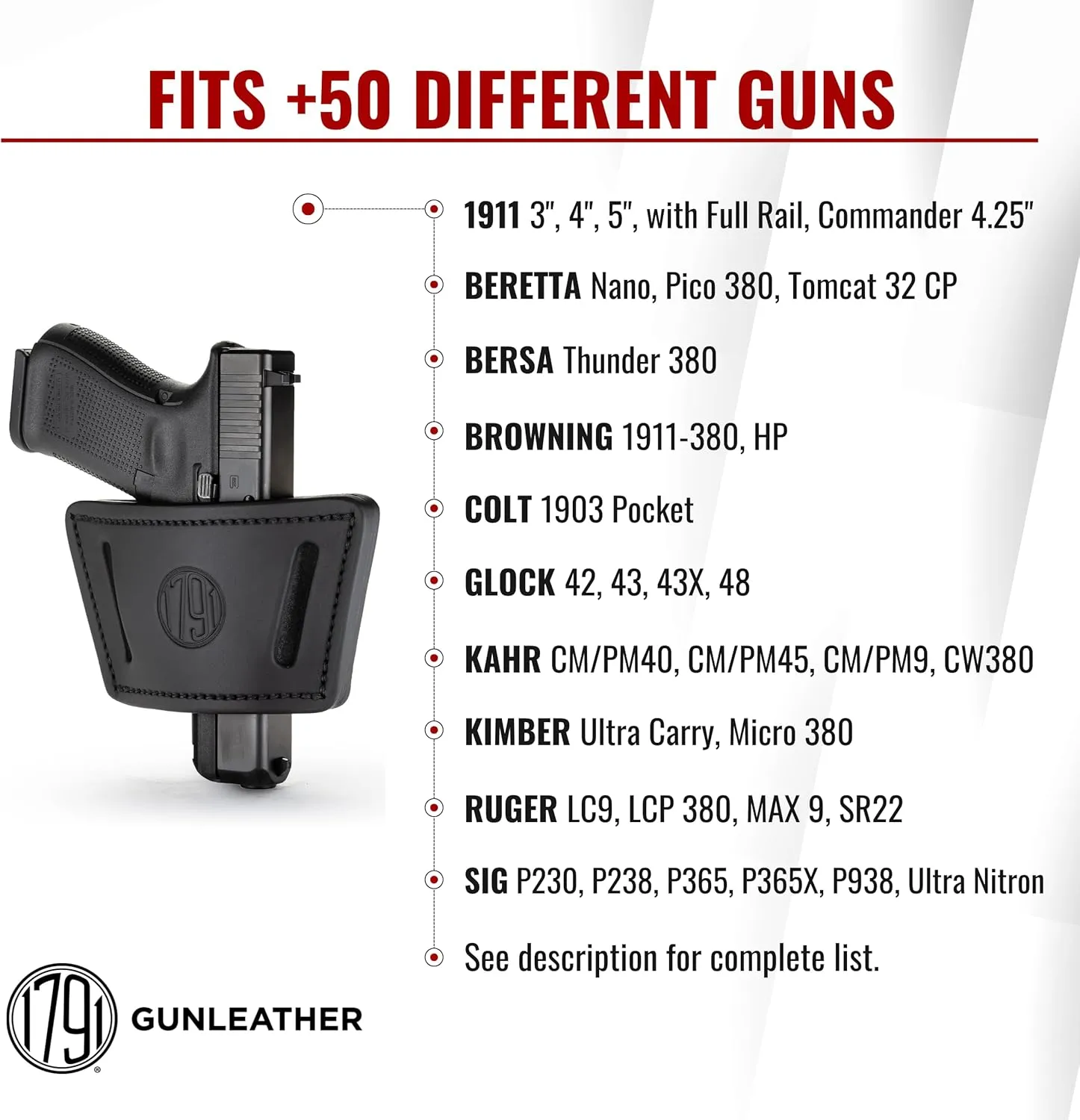 1791 Universal Leather Gun Holster, OWB/IWB CCW Holster, Right and Left Handed - Fits Glock, HK, SIG Walther