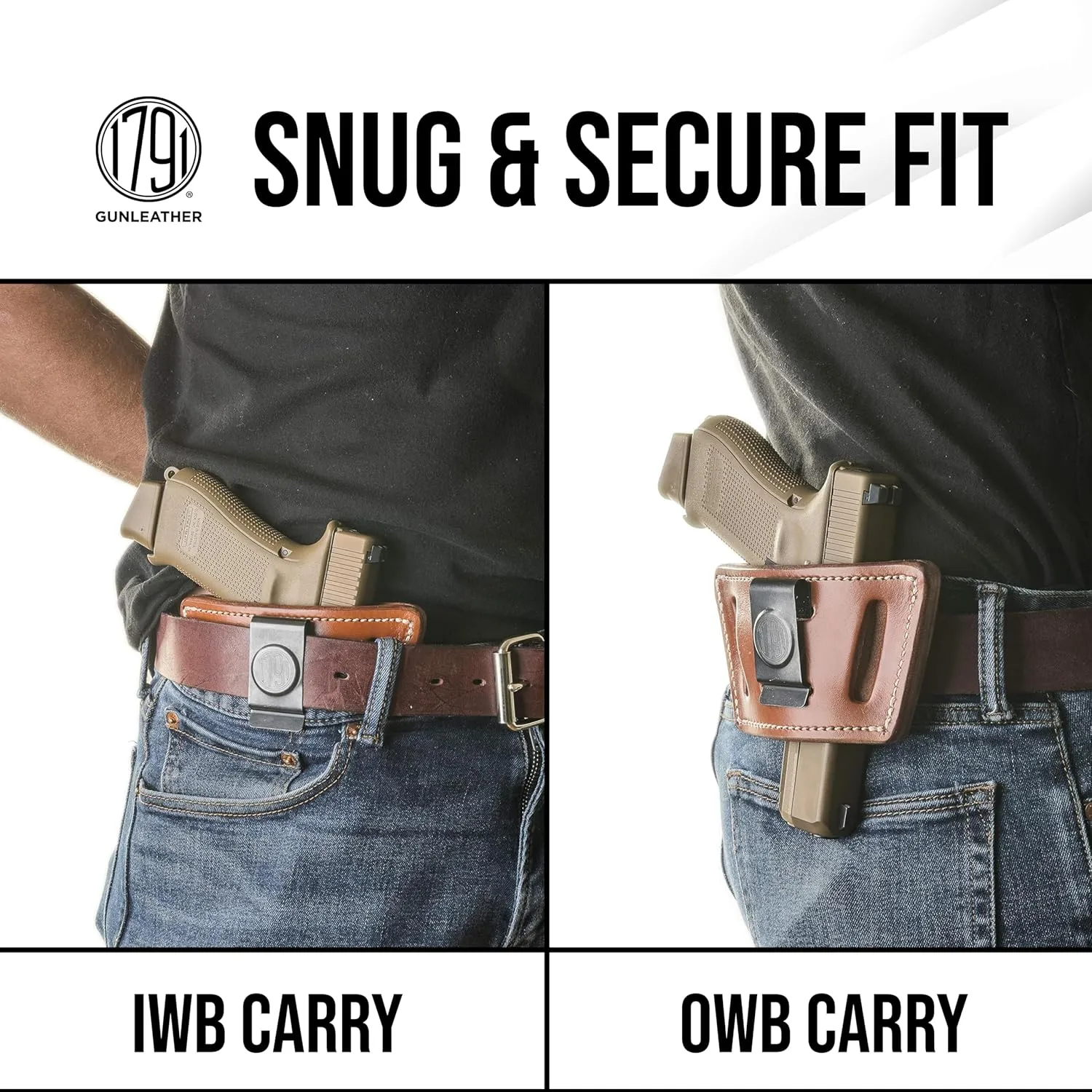 1791 Universal Leather Gun Holster, OWB/IWB CCW Holster, Right and Left Handed - Fits Glock, HK, SIG Walther