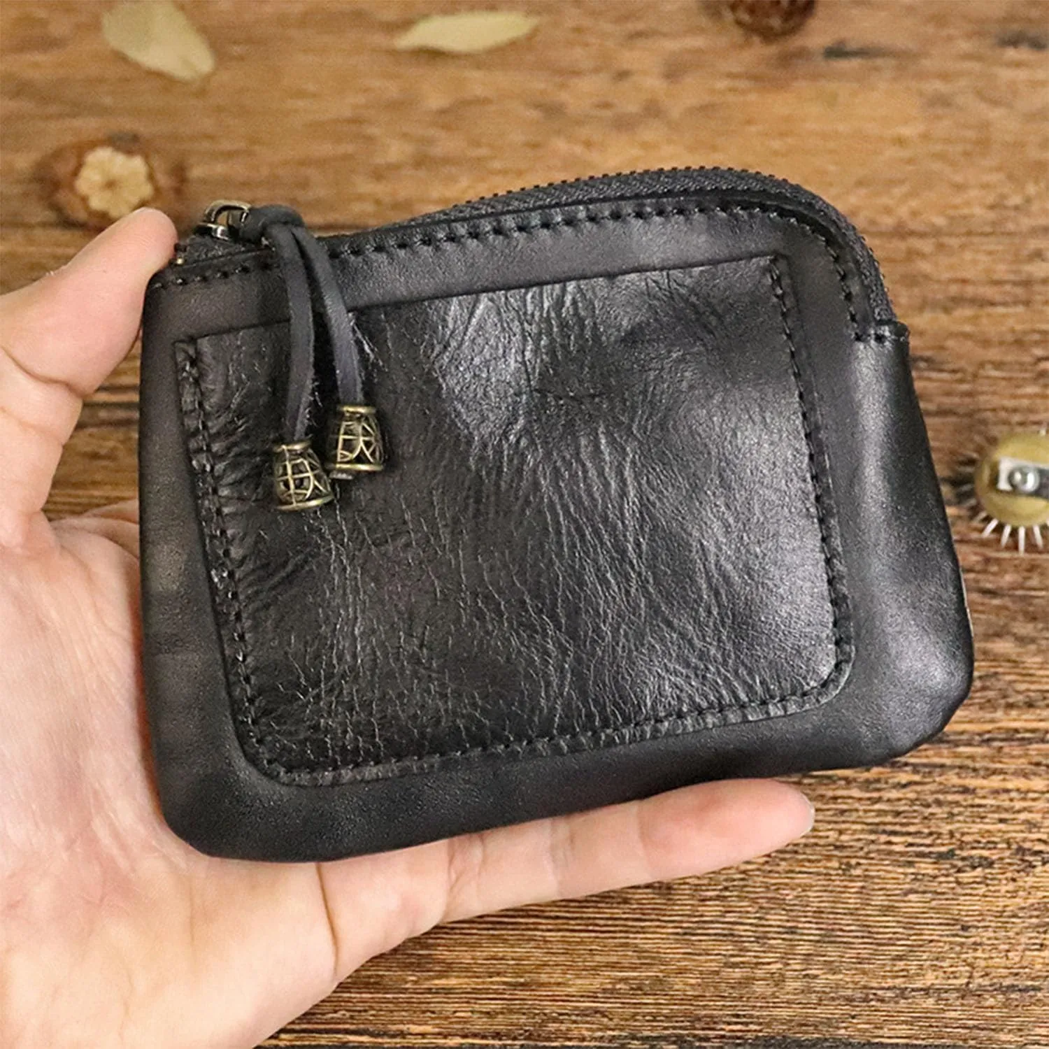 1PCS Mini Coin Purse for Women Zipper Leather Coin Purse Leather Change Purse Coin Purse for Coins and Various Cards Leather Coin Pouch (Black)