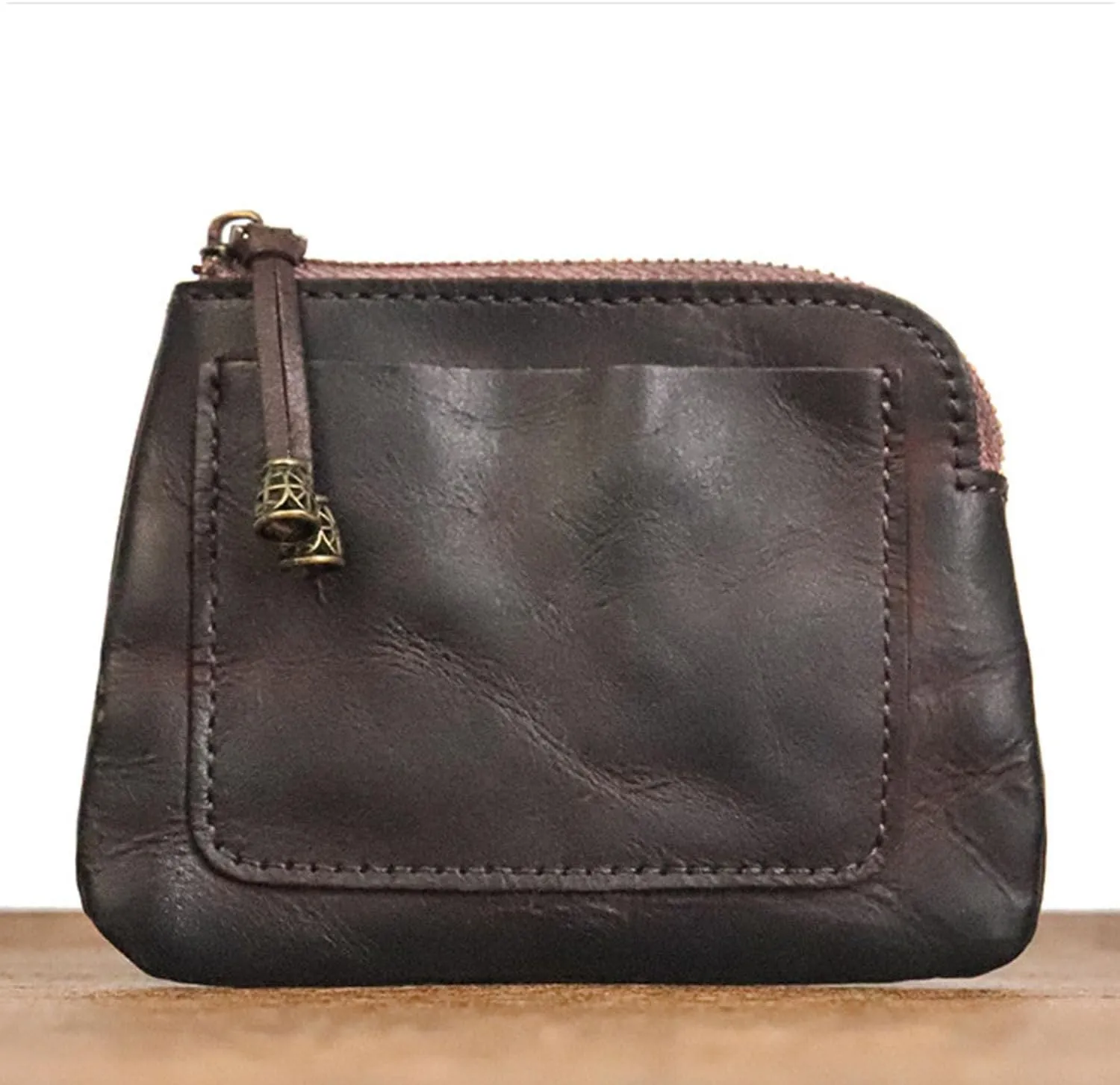 1PCS Mini Leather Coin Purse for Women & Men, Zipper Closure, Coffee Color
