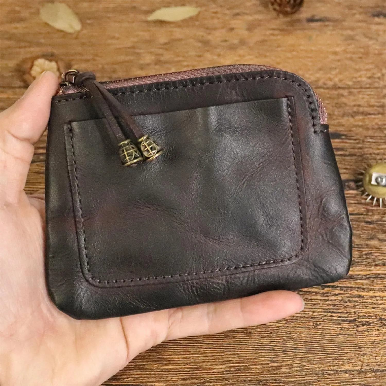 1PCS Mini Leather Coin Purse for Women & Men, Zipper Closure, Coffee Color