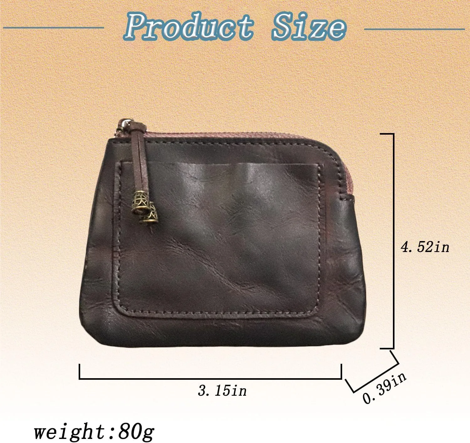 1PCS Mini Leather Coin Purse for Women & Men, Zipper Closure, Coffee Color