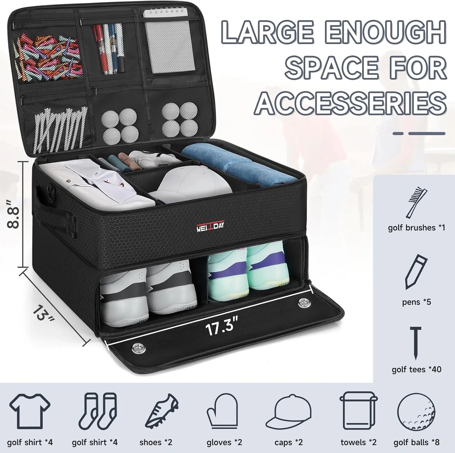 2 Layer Golf Trunk Organizer, Golf Trunk Locker with Separate Compartment for 2 Pair Shoes, Golf Trunk Storage for Balls, Tees, Clothes, Gloves, Accessories