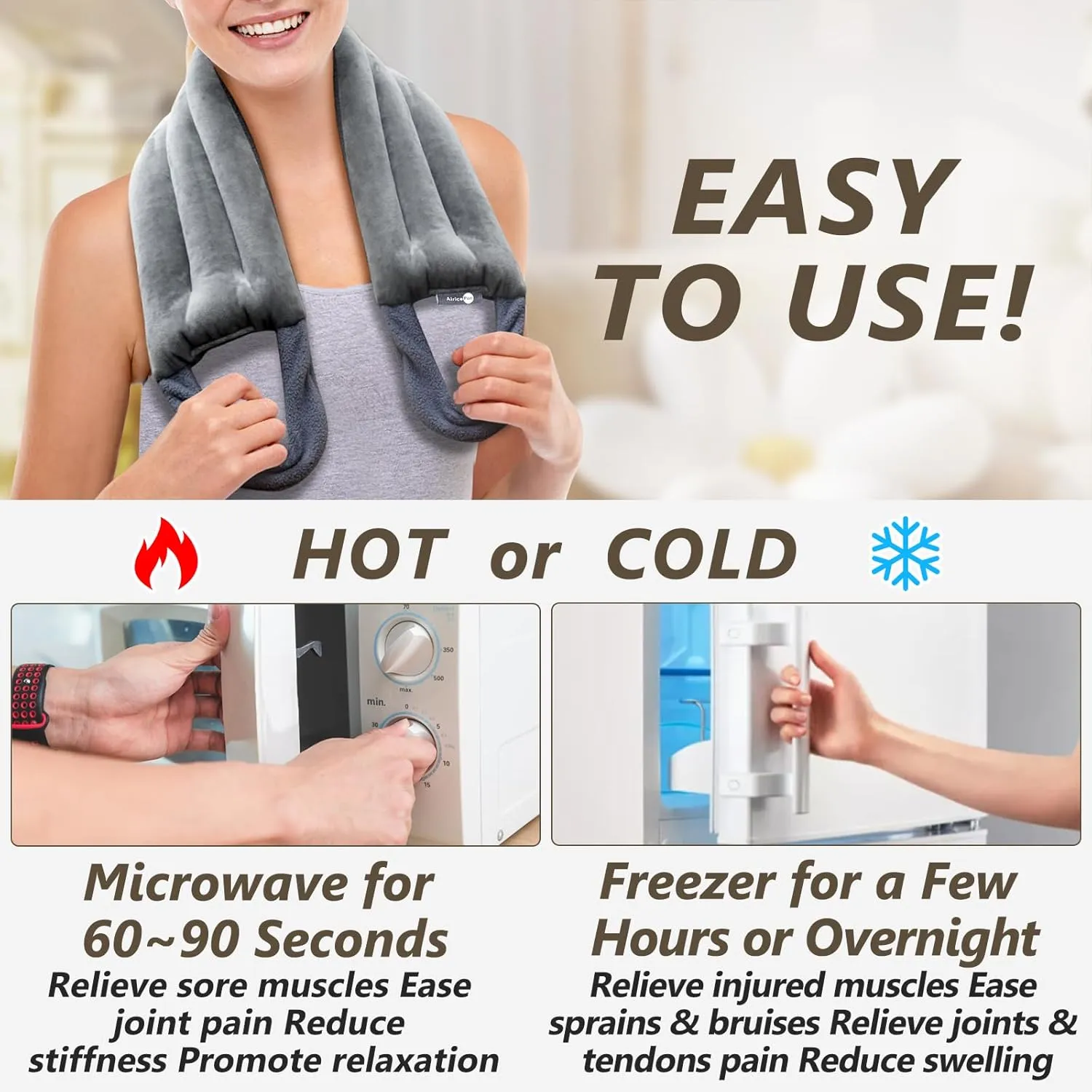 2 Microwave Heating pad for Neck and Shoulders Back 33 * 5" microwavable Moist Heat Pack Warm hot Compress Neck wrap Weighted Rice Bean Bag Reusable Herbal Nature Calming Portable Grey
