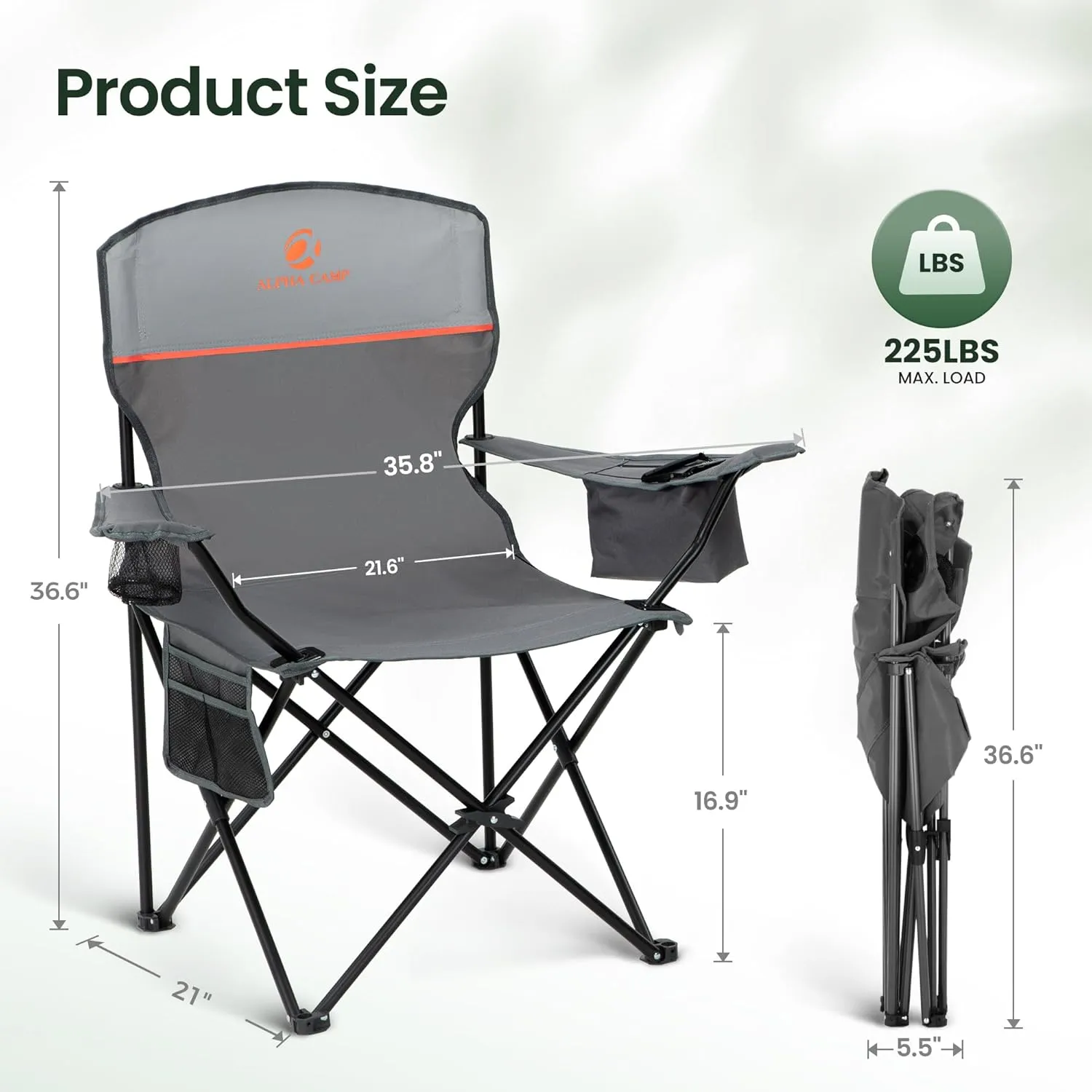 2 Pack Portable Camping Chair for Adults, Folding Outdoor Camp Chair Lightweight Lawn Chairs Folding Collapsible Chair for Camping, Tailgates, Beach, Gray, Support 225lbs