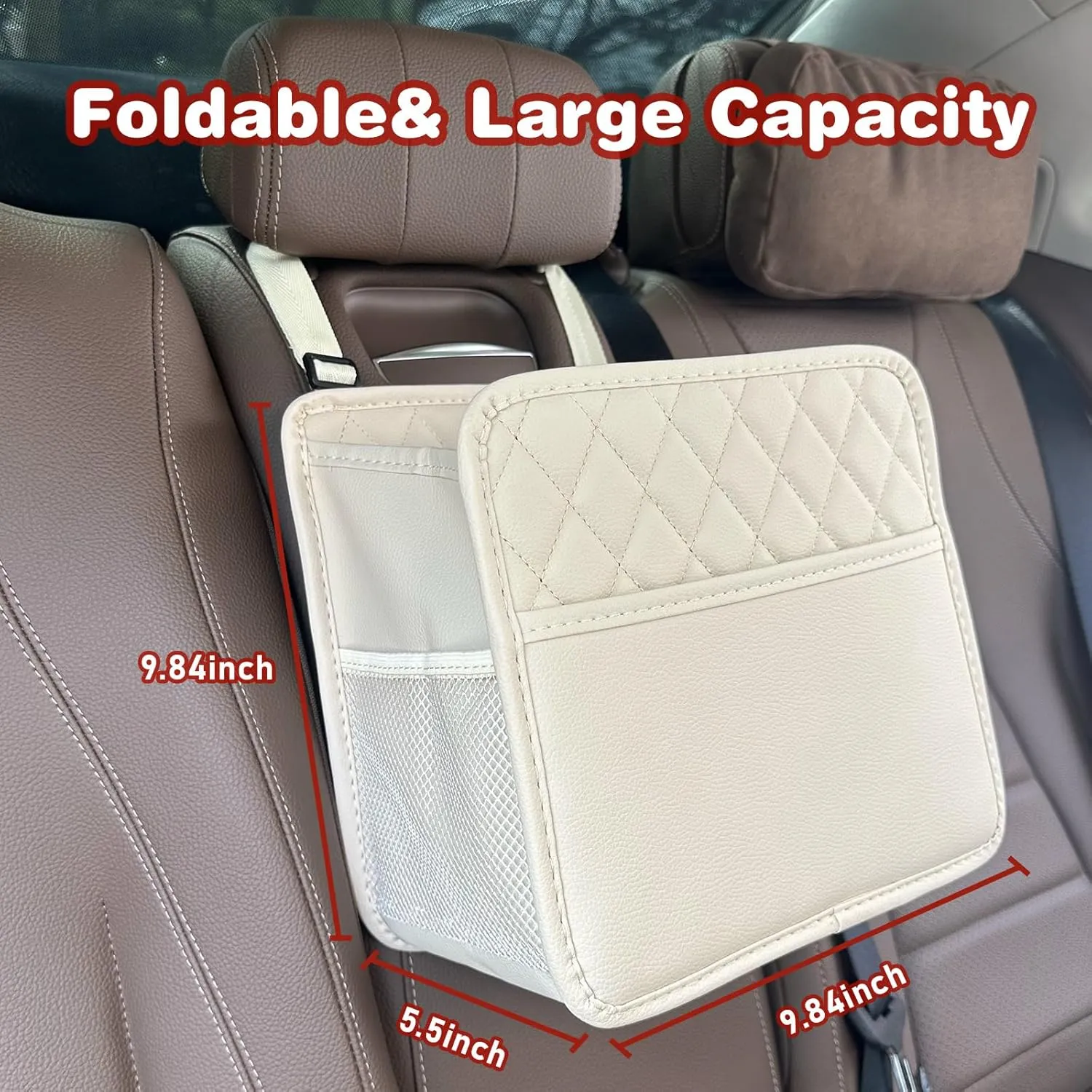 2 Pack Upgraded Car Seat Organizer Backseat with Storage Pockets, Multipurpose Car Organizer Hanging Car Trash Bag Premium PU Leather Garbage Can 2.14 Gallon Large Capacity Accessories Beige