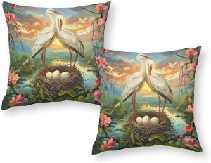 2 Packs Funny Stork Throw Pillow Covers for Living Room, Red Flower Bird Egg Stream Pillow Covers Cushion Case for Couch Sofa Bed, 16x16 inch