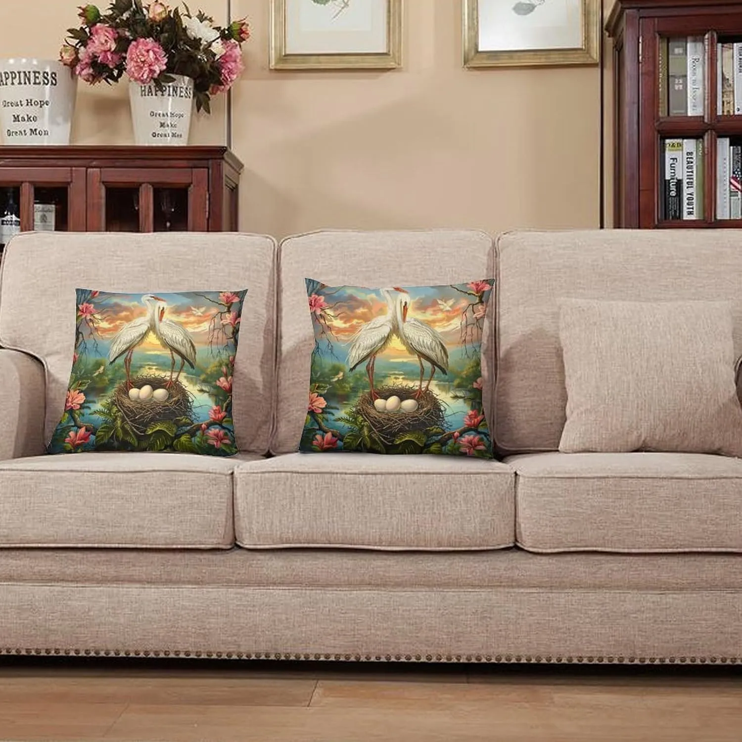 2 Packs Funny Stork Throw Pillow Covers for Living Room, Red Flower Bird Egg Stream Pillow Covers Cushion Case for Couch Sofa Bed, 16x16 inch