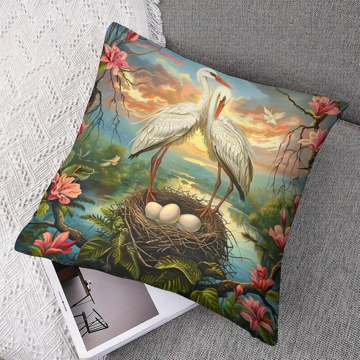 2 Packs Funny Stork Throw Pillow Covers for Living Room, Red Flower Bird Egg Stream Pillow Covers Cushion Case for Couch Sofa Bed, 16x16 inch