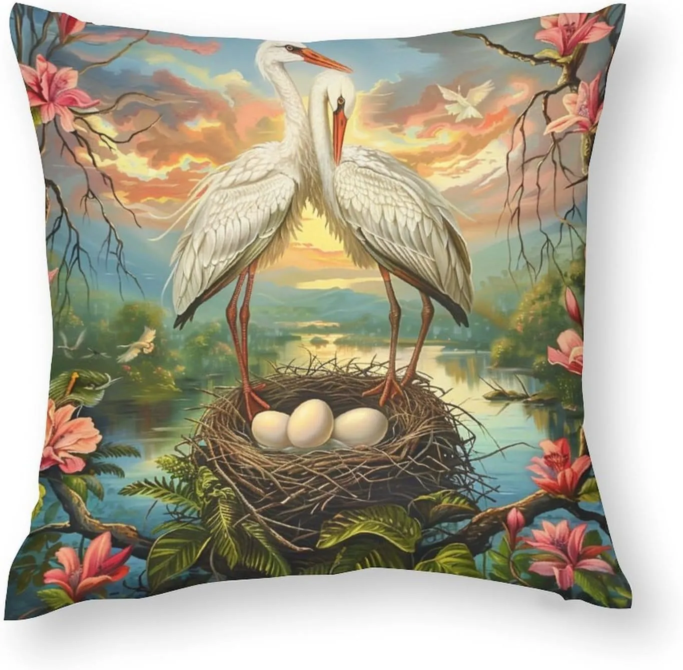 2 Packs Funny Stork Throw Pillow Covers for Living Room, Red Flower Bird Egg Stream Pillow Covers Cushion Case for Couch Sofa Bed, 16x16 inch