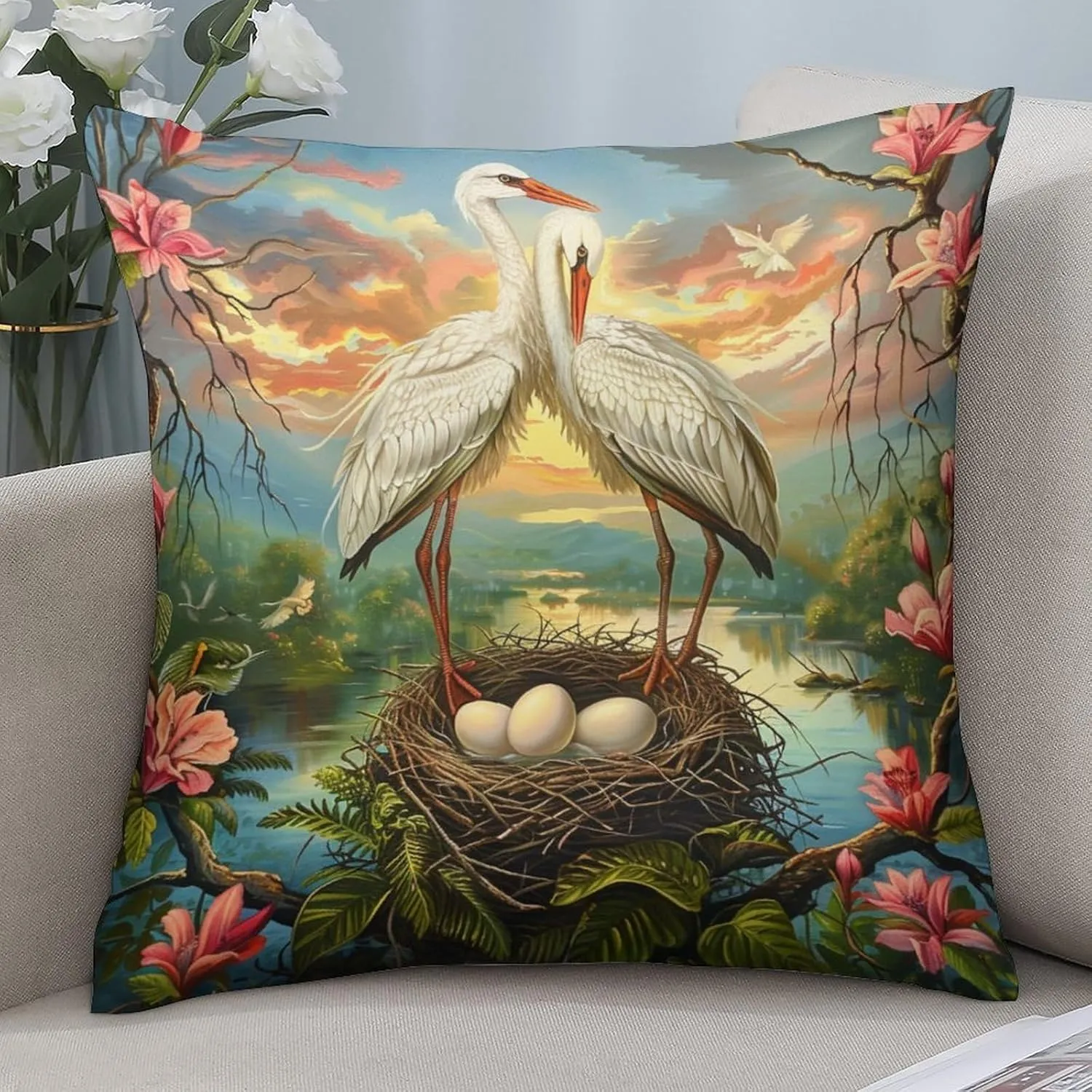 2 Packs Funny Stork Throw Pillow Covers for Living Room, Red Flower Bird Egg Stream Pillow Covers Cushion Case for Couch Sofa Bed, 16x16 inch