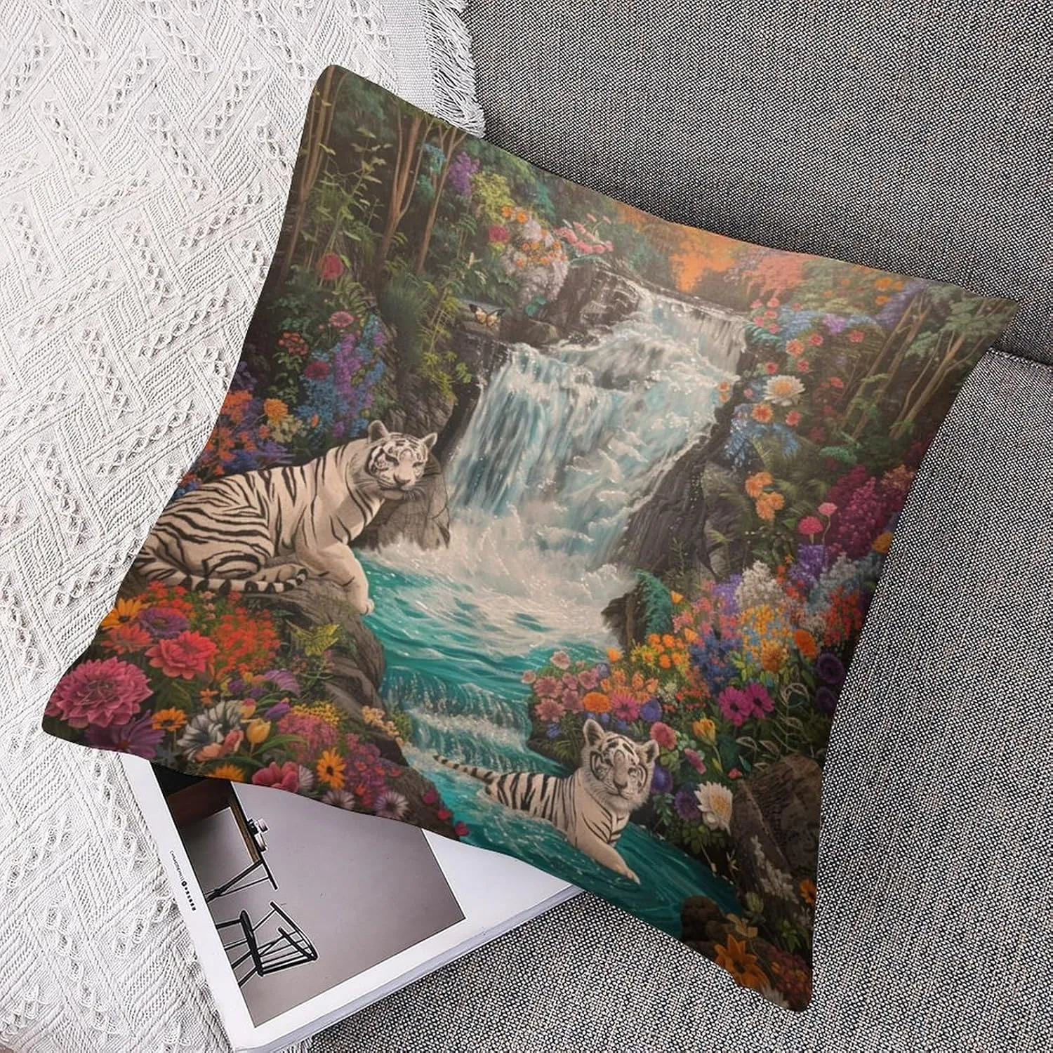 2 Packs Jungle Floral Waterfall Throw Pillow Covers for Living Room, Abstract Stream Tiger Pillow Covers Cushion Case for Couch Sofa Bed, 20x20 inch