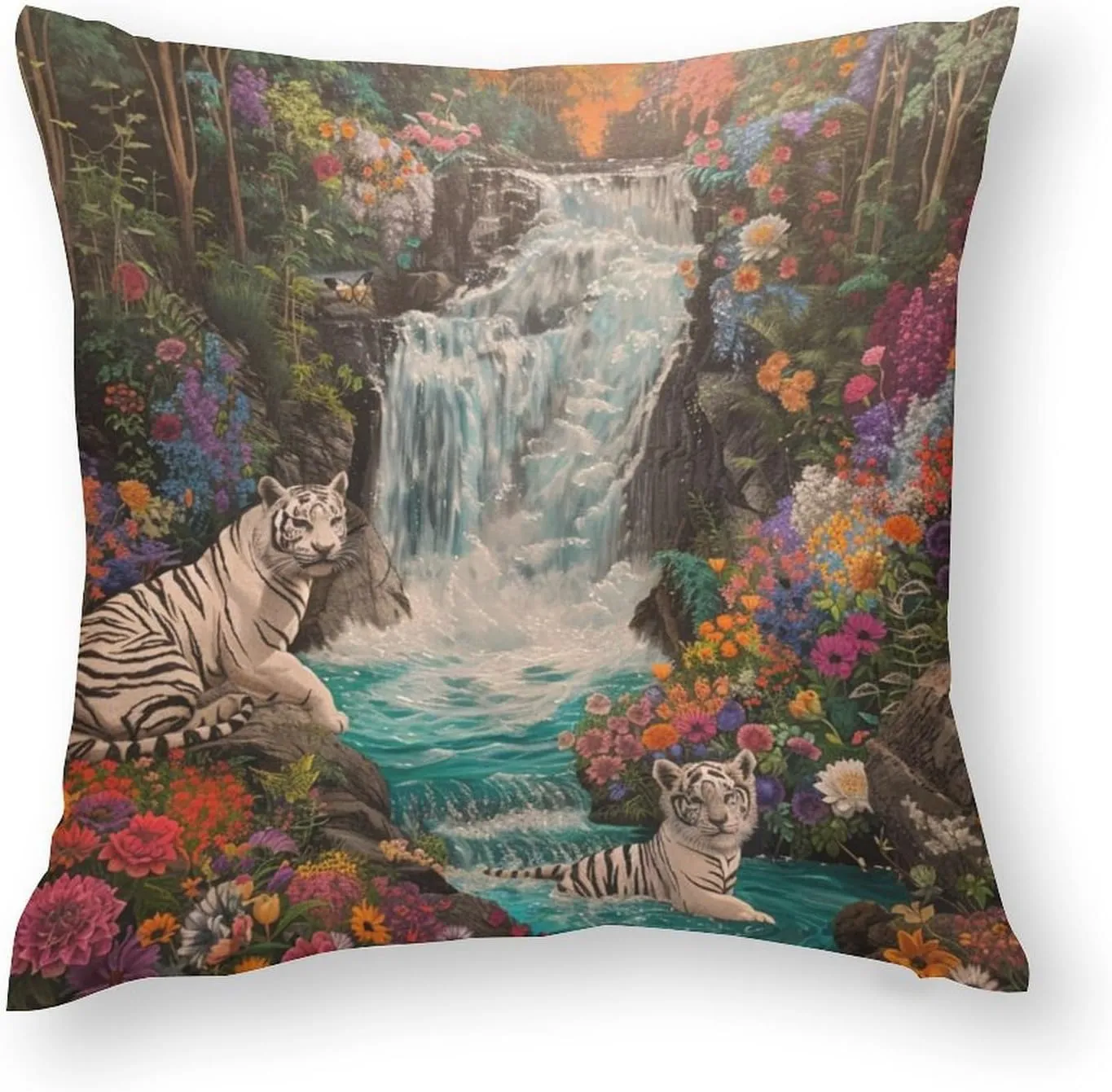 2 Packs Jungle Floral Waterfall Throw Pillow Covers for Living Room, Abstract Stream Tiger Pillow Covers Cushion Case for Couch Sofa Bed, 20x20 inch