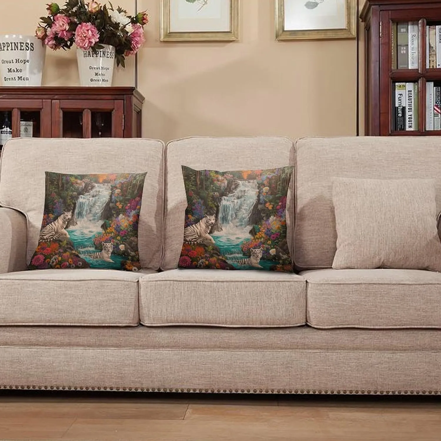 2 Packs Jungle Floral Waterfall Throw Pillow Covers for Living Room, Abstract Stream Tiger Pillow Covers Cushion Case for Couch Sofa Bed, 20x20 inch