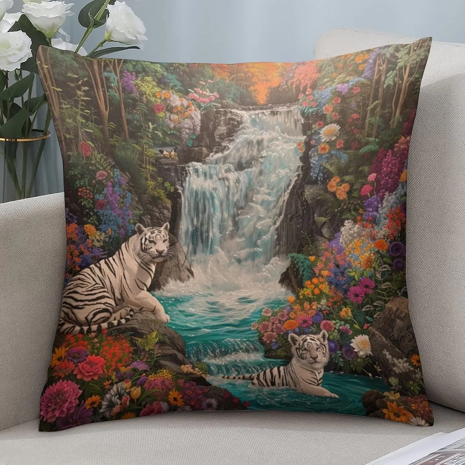 2 Packs Jungle Floral Waterfall Throw Pillow Covers for Living Room, Abstract Stream Tiger Pillow Covers Cushion Case for Couch Sofa Bed, 20x20 inch