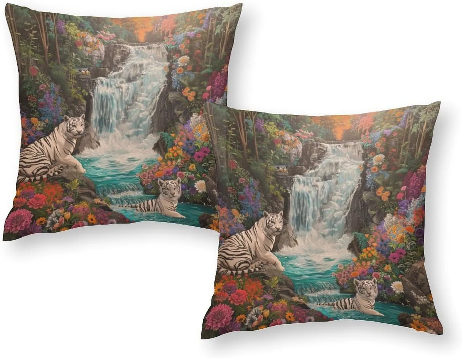 2 Packs Jungle Floral Waterfall Throw Pillow Covers for Living Room, Abstract Stream Tiger Pillow Covers Cushion Case for Couch Sofa Bed, 20x20 inch