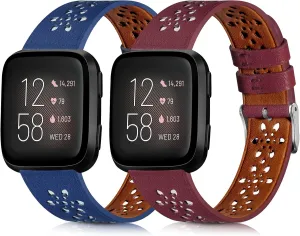 2 Packs Lace Leather Band Compatible with Fit bit Versa 2 Bands, Slim Soft Hollow-out Floral Leather Straps Replacement Accessory Wristband for Fit bit Versa/Fit bit Versa 2/Versa Lite/Versa SE Women Men