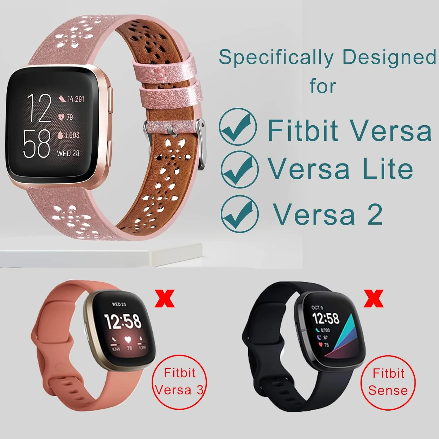2 Packs Lace Leather Band Compatible with Fit bit Versa 2 Bands, Slim Soft Hollow-out Floral Leather Straps Replacement Accessory Wristband for Fit bit Versa/Fit bit Versa 2/Versa Lite/Versa SE Women Men