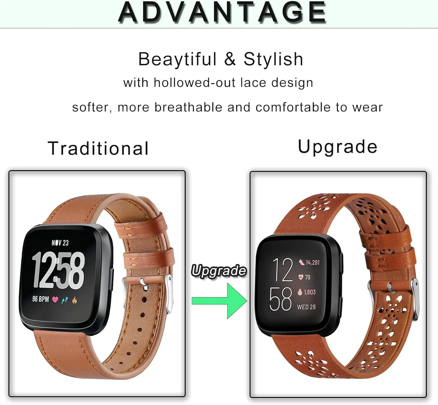 2 Packs Lace Leather Band Compatible with Fit bit Versa 2 Bands, Slim Soft Hollow-out Floral Leather Straps Replacement Accessory Wristband for Fit bit Versa/Fit bit Versa 2/Versa Lite/Versa SE Women Men