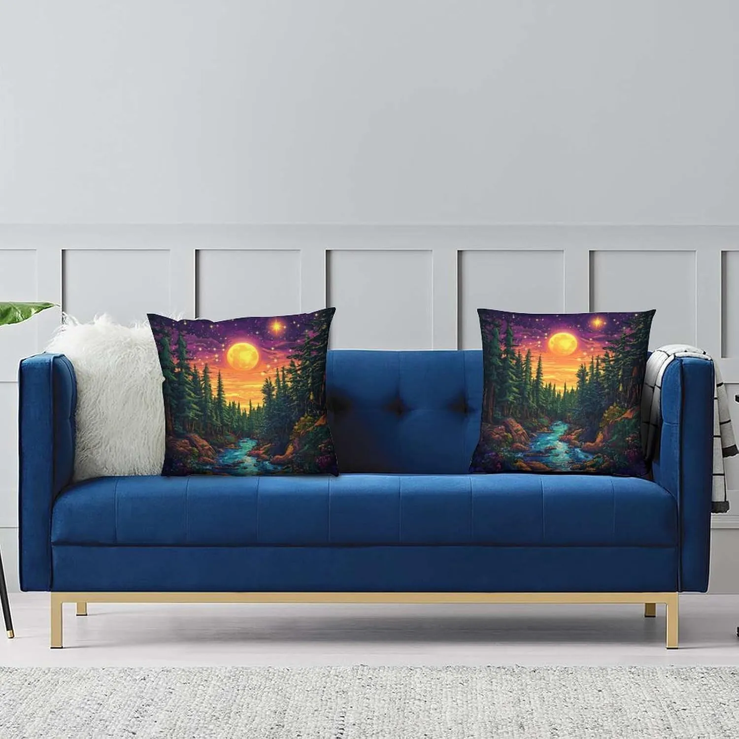 2 Packs Moon Starry Woodland Throw Pillow Covers for Living Room, Pine Tree Stream Jungle Pillow Covers Cushion Case for Couch Sofa Bed